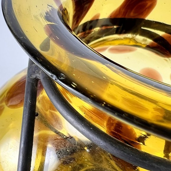 Vtg Handblown Caged Art Glass Candle Holder Vase Brutalist Wrought Iron Mexico - Picture 10 of 12